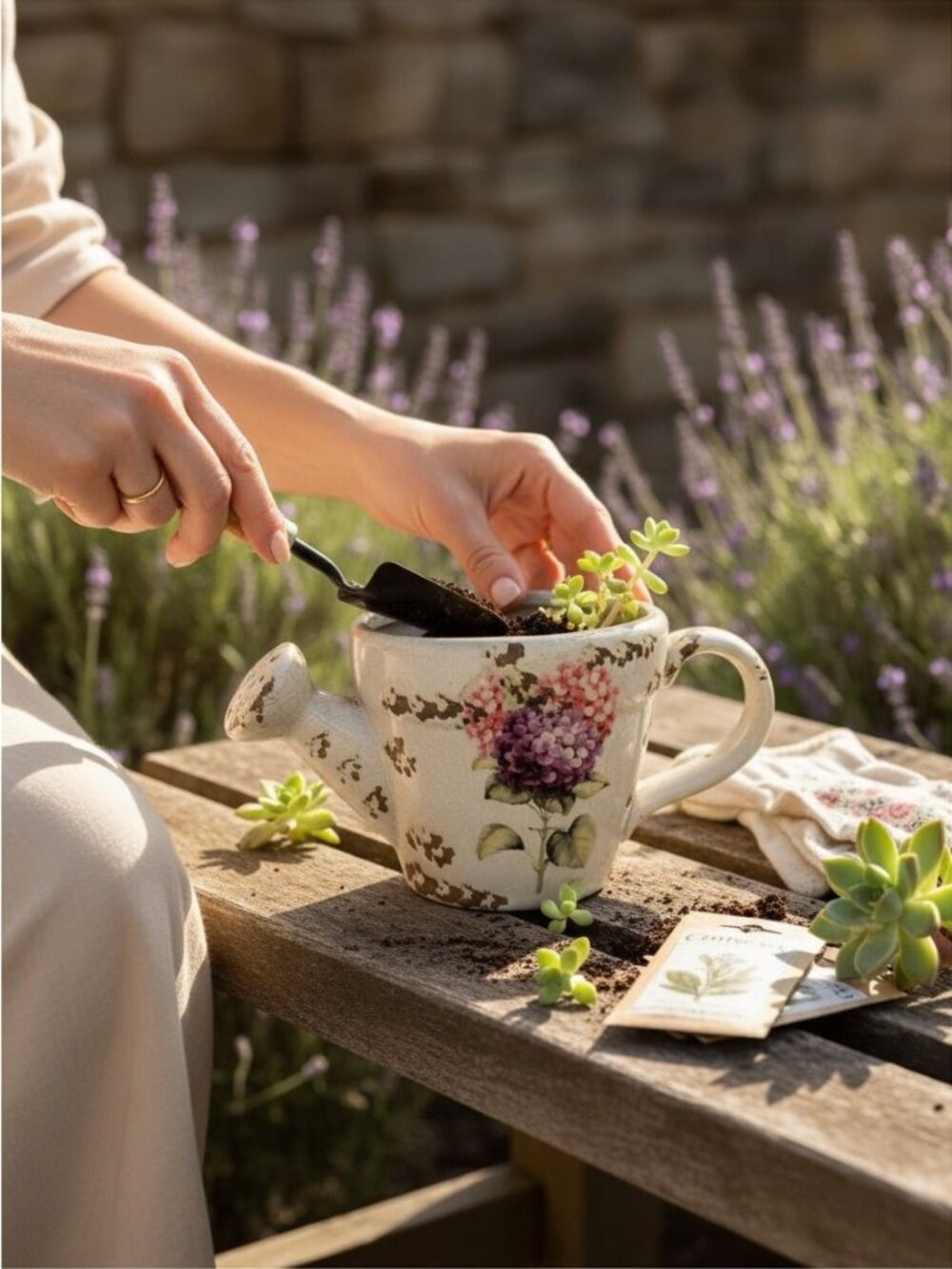 Vintage Ceramic Watering Can-Shaped Planter With Floral Hydrangea Design